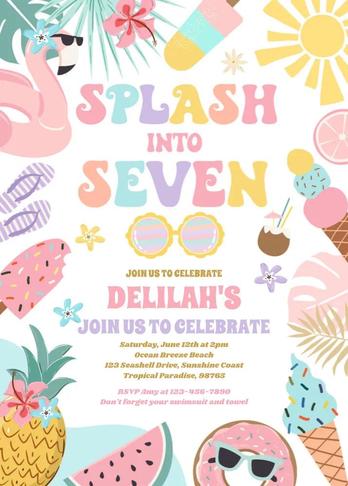 Splash Into Seven Tropical Beach 7th Birthday Invitation Canva Template