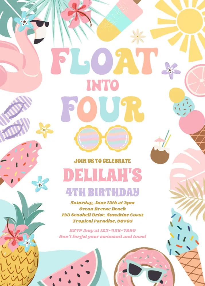 Editable Tropical Beach 4th Birthday Invitation - Float Into Four Canva Template