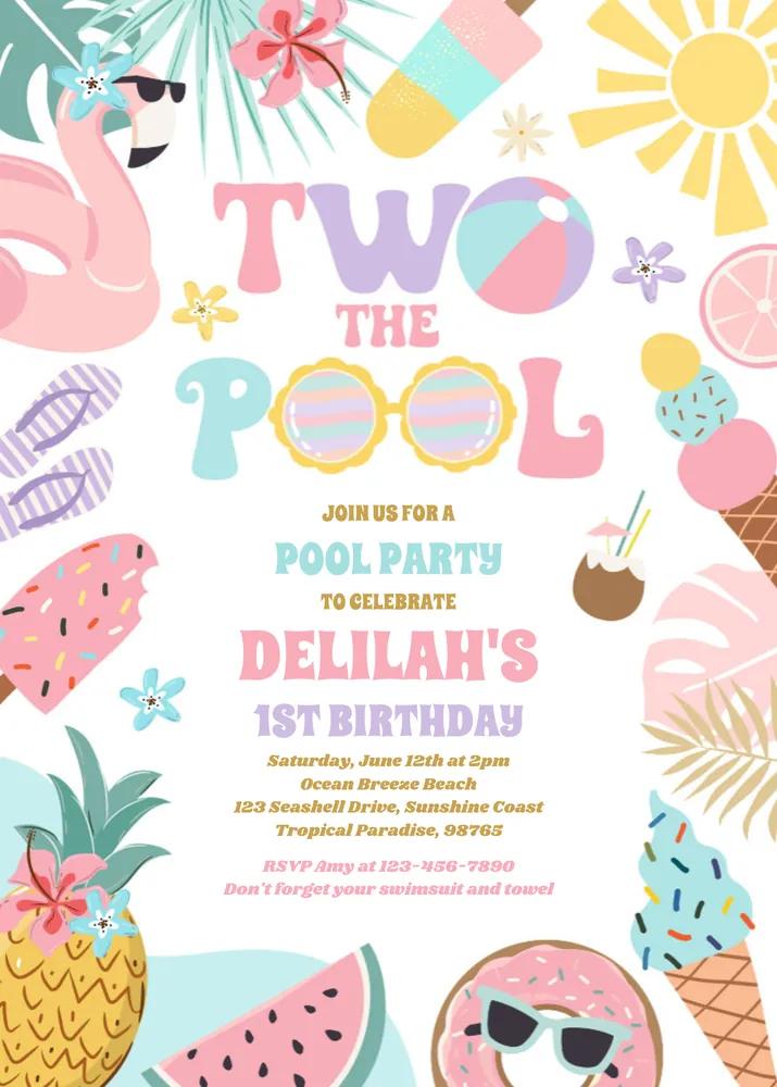 Two The Pool Birthday Invitation | Editable 2nd Birthday Pool Party Canva Template