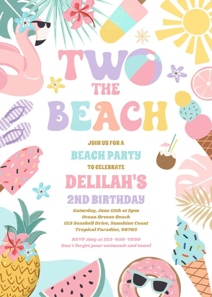 Two The Beach 2nd Birthday Invitation | Summer Beach Party Canva Template