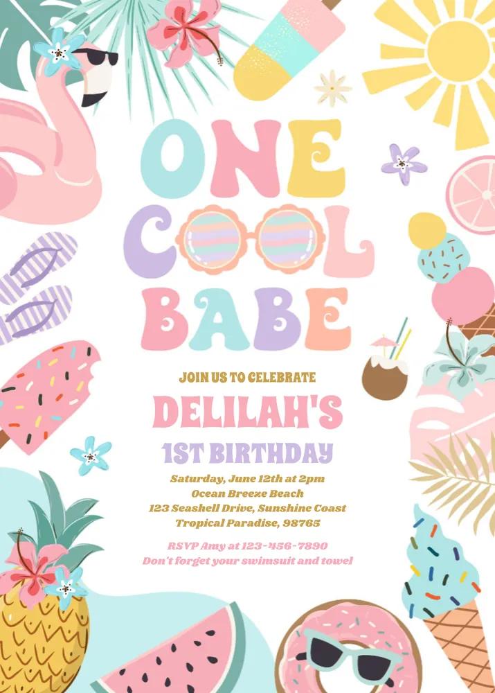 One Cool Babe Tropical Summer 1st Birthday Invitation Canva Template
