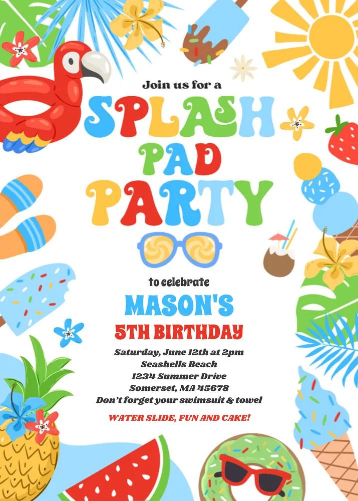 Tropical Splash Pad Summer Birthday Party Invitation Canva Template