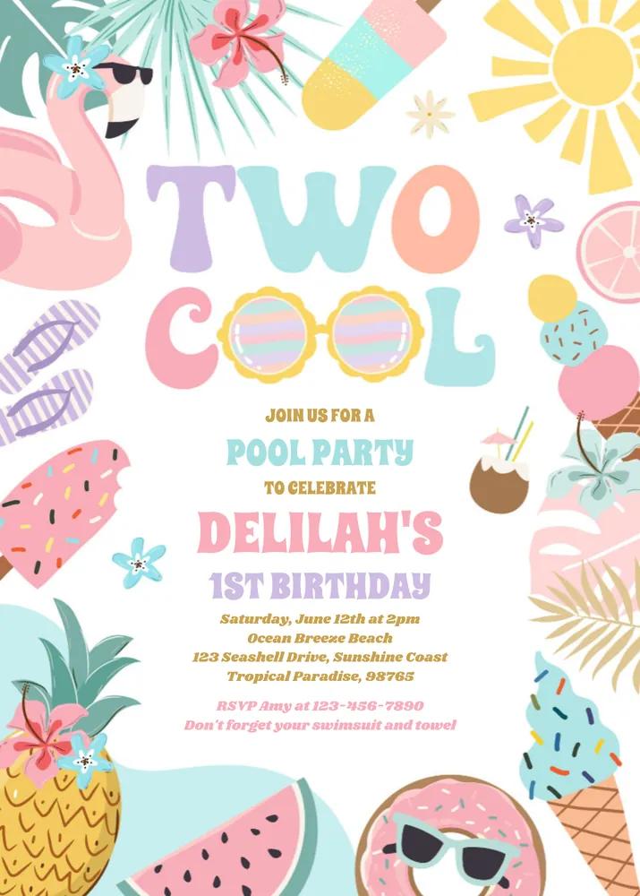 Two Cool Tropical Summer Beach 2nd Birthday Invitation Canva Template