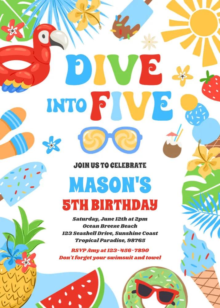 Dive Into Five 5th Birthday Invitation | Tropical Beach Canva Template