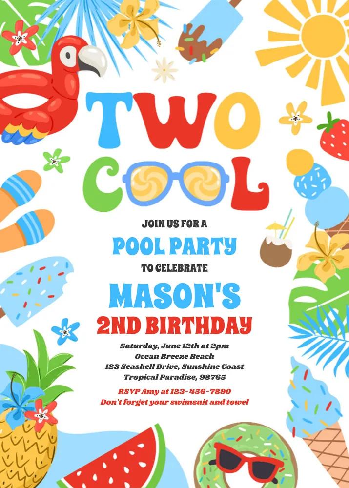Two Cool Tropical Summer Beach 2nd Birthday Invitation Canva Template