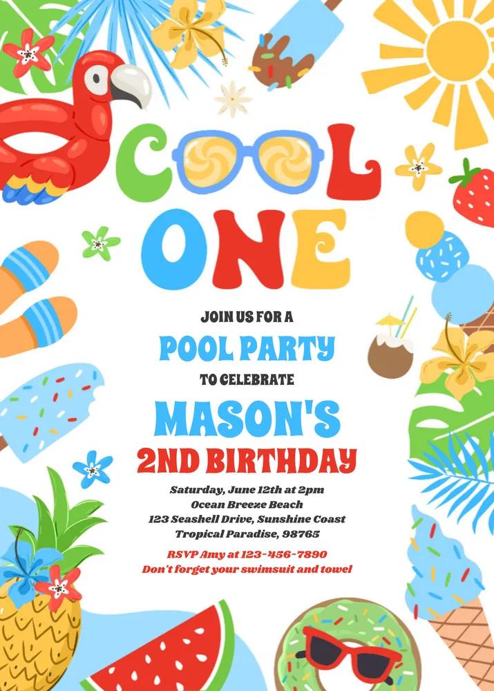 Cool One Tropical Summer Beach 1st Birthday Invitation | Canva Template