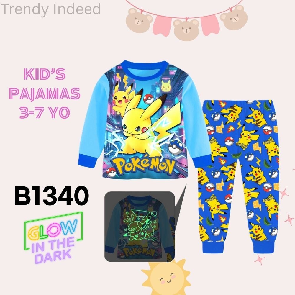 Cartoon style kids pajamas glow in the dark sleepwear