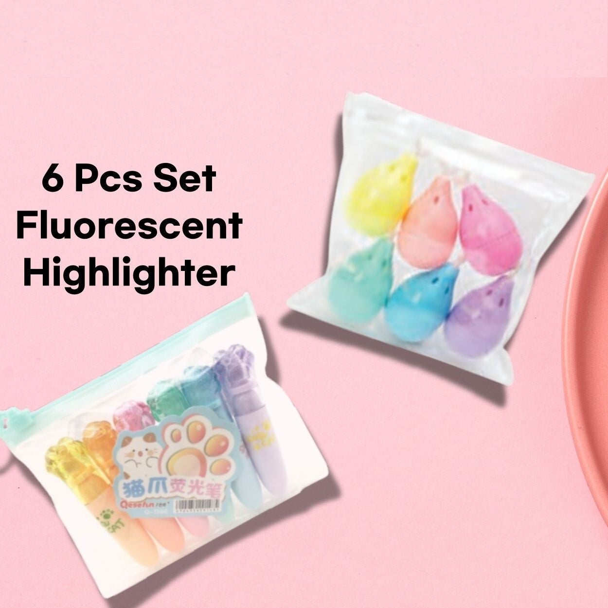6 color highlighter pens cat claw design school markers