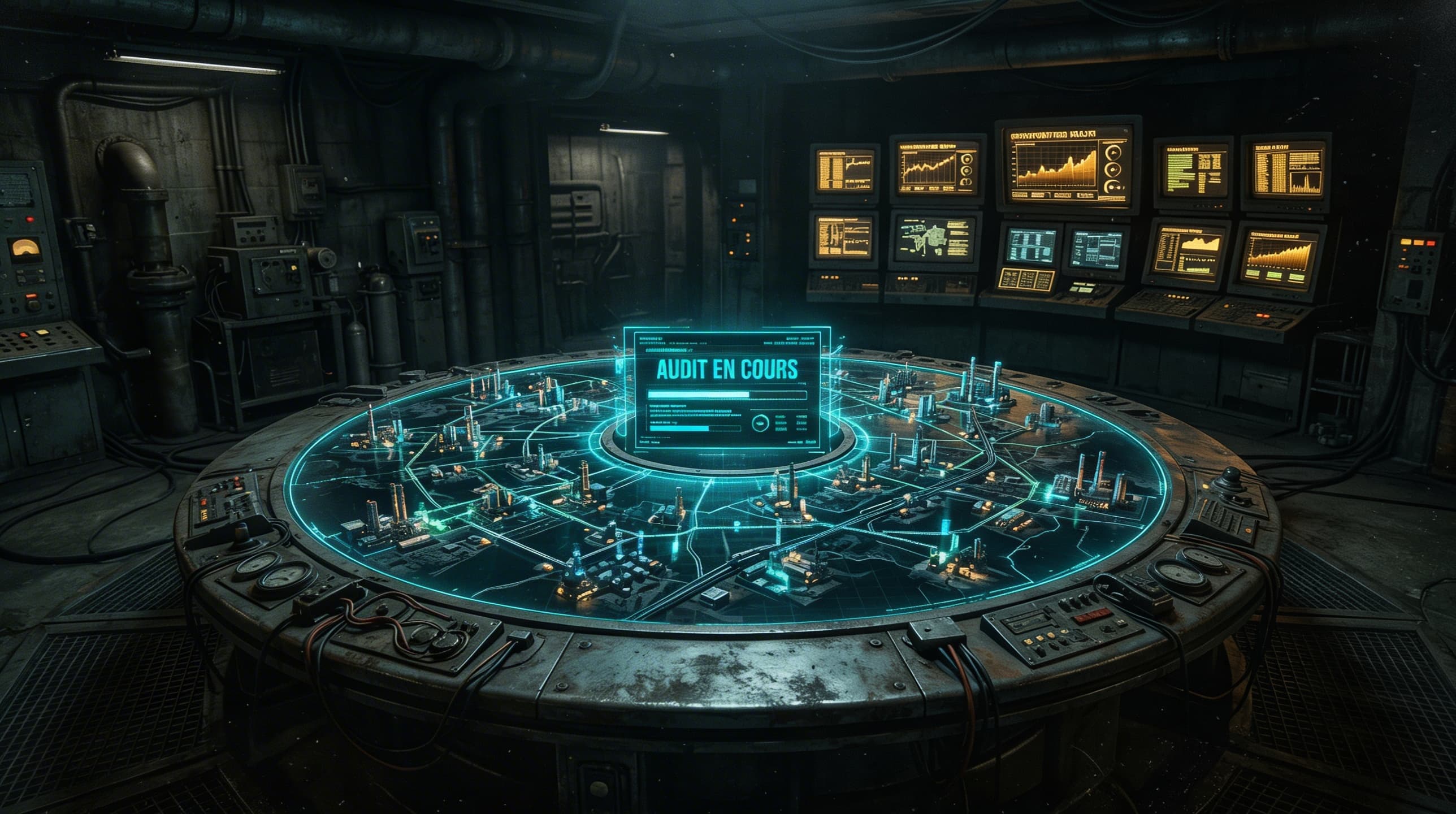 Vue cinématique grand angle d'une table tactique circulaire dans un bunker sombre de commandement souterrain. Un hologramme ambre projette une carte stratégique des flux interconnectés d'une organisation, entouré de terminaux industriels aux reflets teal, illustrant la War Room d'audit du Superviseur.