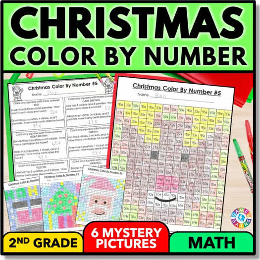 2nd Grade Christmas Math Activity Color by Number Coloring Pages Sheets December