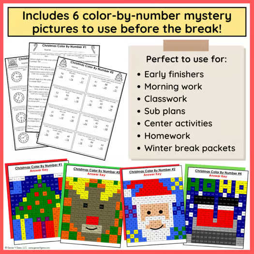 2nd Grade Christmas Math Activity Color by Number Coloring Pages Sheets December