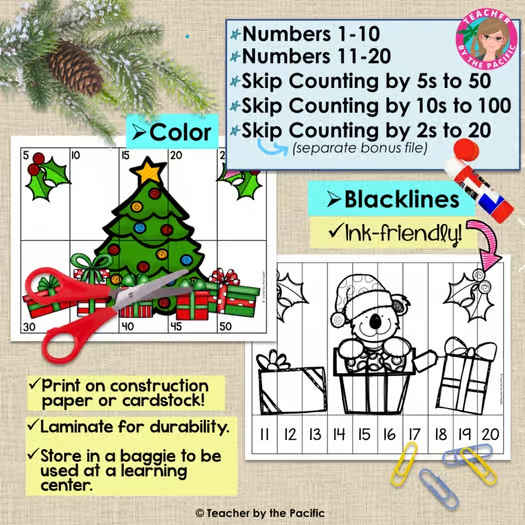 CHRISTMAS Math Number Sequencing Puzzle Printables