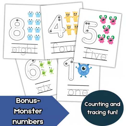 ABC Tracing Sheets, Handwriting Cursive, Playdough Mat No Prep + Monster Numbers