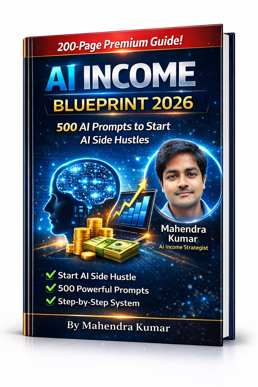 AI Income Blueprint 2026 ebook cover showing Mahendra Kumar, 500 AI prompts for side hustles, laptop with growth graph, coins and money stack, futuristic AI brain digital design, premium 3D book image.