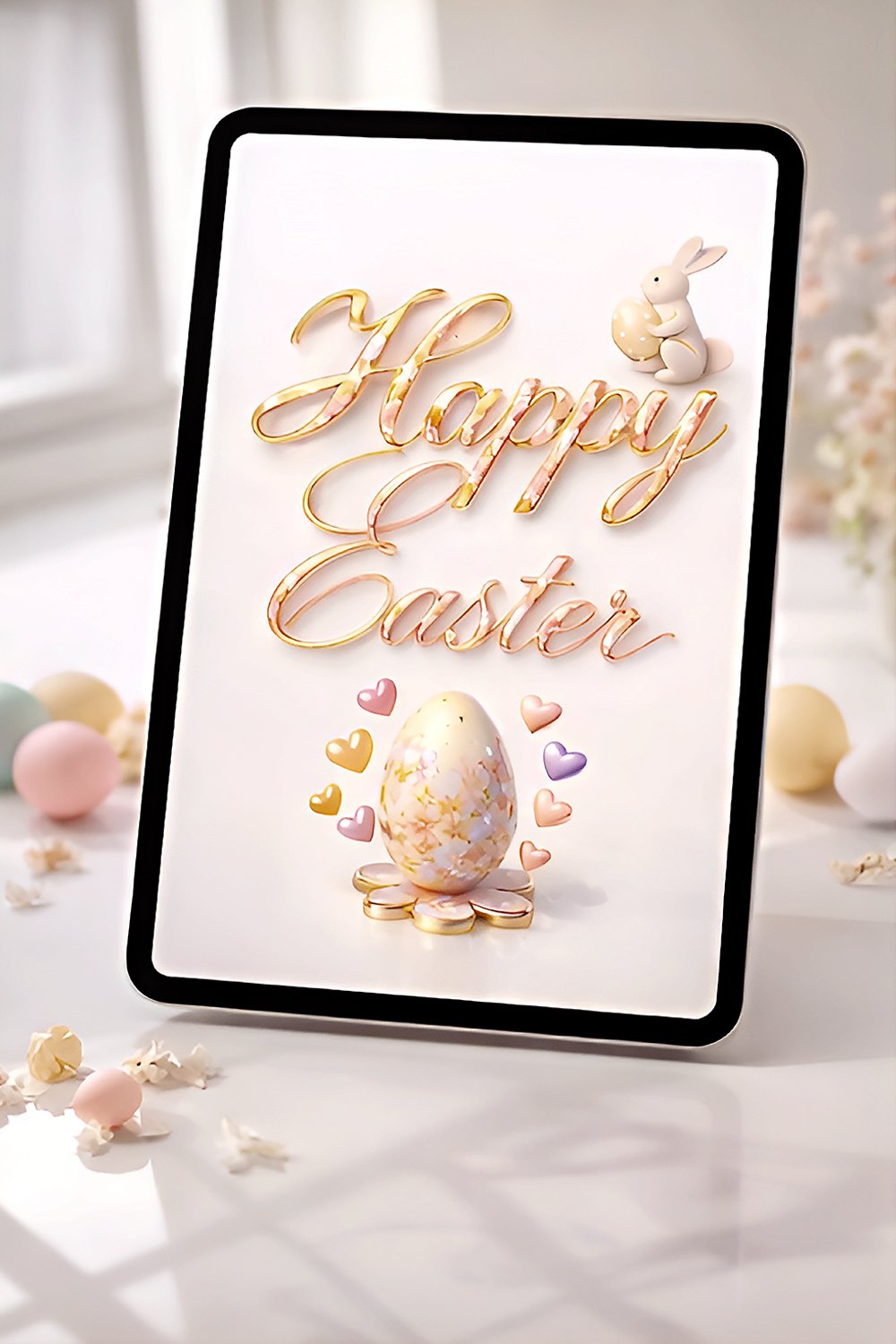 Cute bunny sitting on floral Happy Easter typography with pastel hearts and decorative Easter egg.