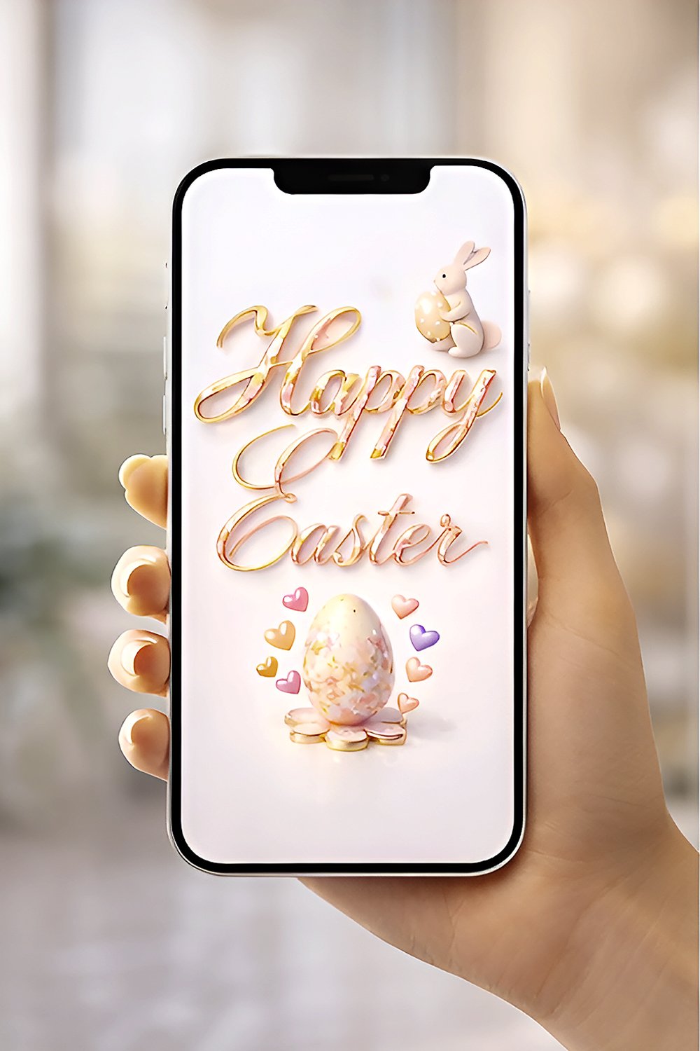 Cute bunny sitting on floral Happy Easter typography with pastel hearts and decorative Easter egg.