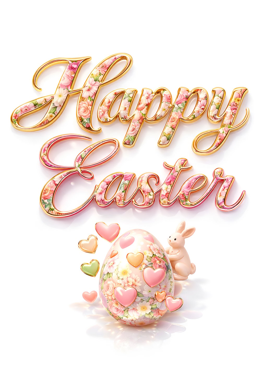 Cute bunny sitting on floral Happy Easter typography with pastel hearts and decorative Easter egg.