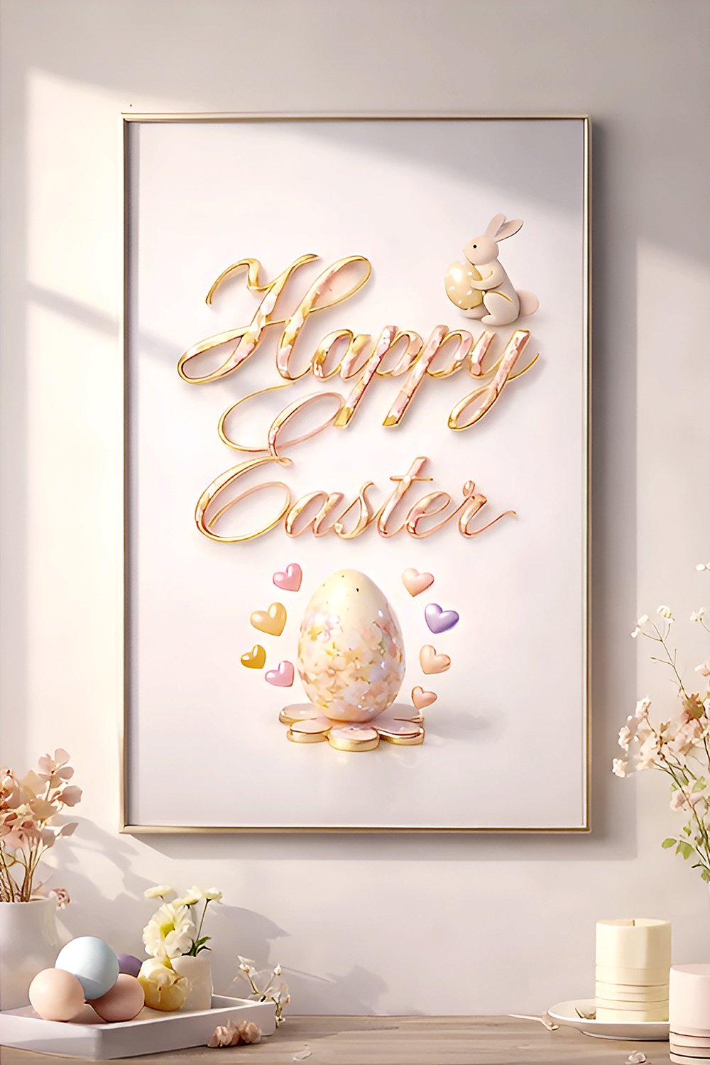 Cute bunny sitting on floral Happy Easter typography with pastel hearts and decorative Easter egg.
