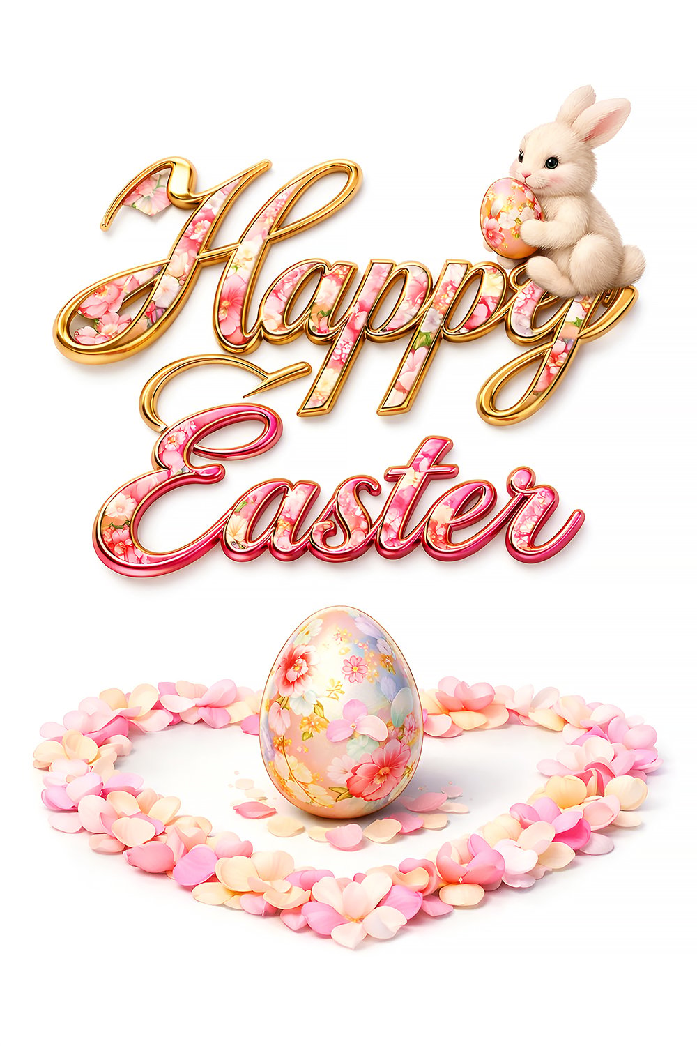 Cute bunny sitting on floral Happy Easter typography with pastel hearts and decorative Easter egg.