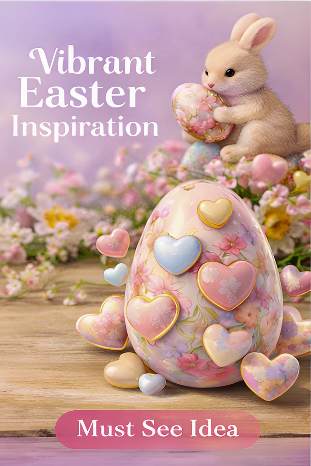 Cute bunny sitting on floral Happy Easter typography with pastel hearts and decorative Easter egg.