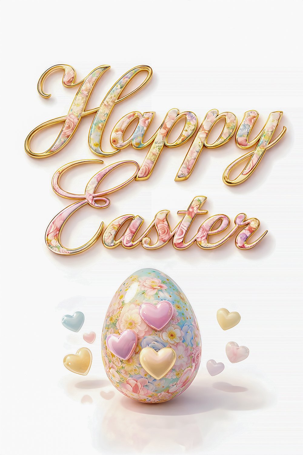 Cute bunny sitting on floral Happy Easter typography with pastel hearts and decorative Easter egg.