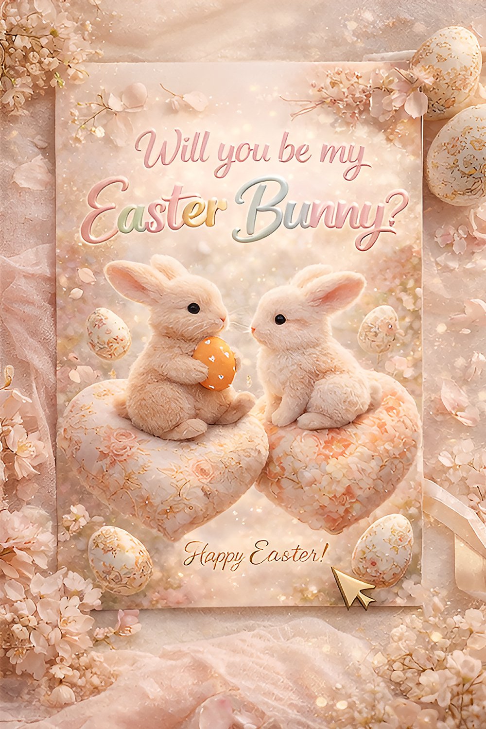 Two cute Easter bunnies sitting on floral heart pillows with pastel Easter eggs and Be My Easter Bunny text.