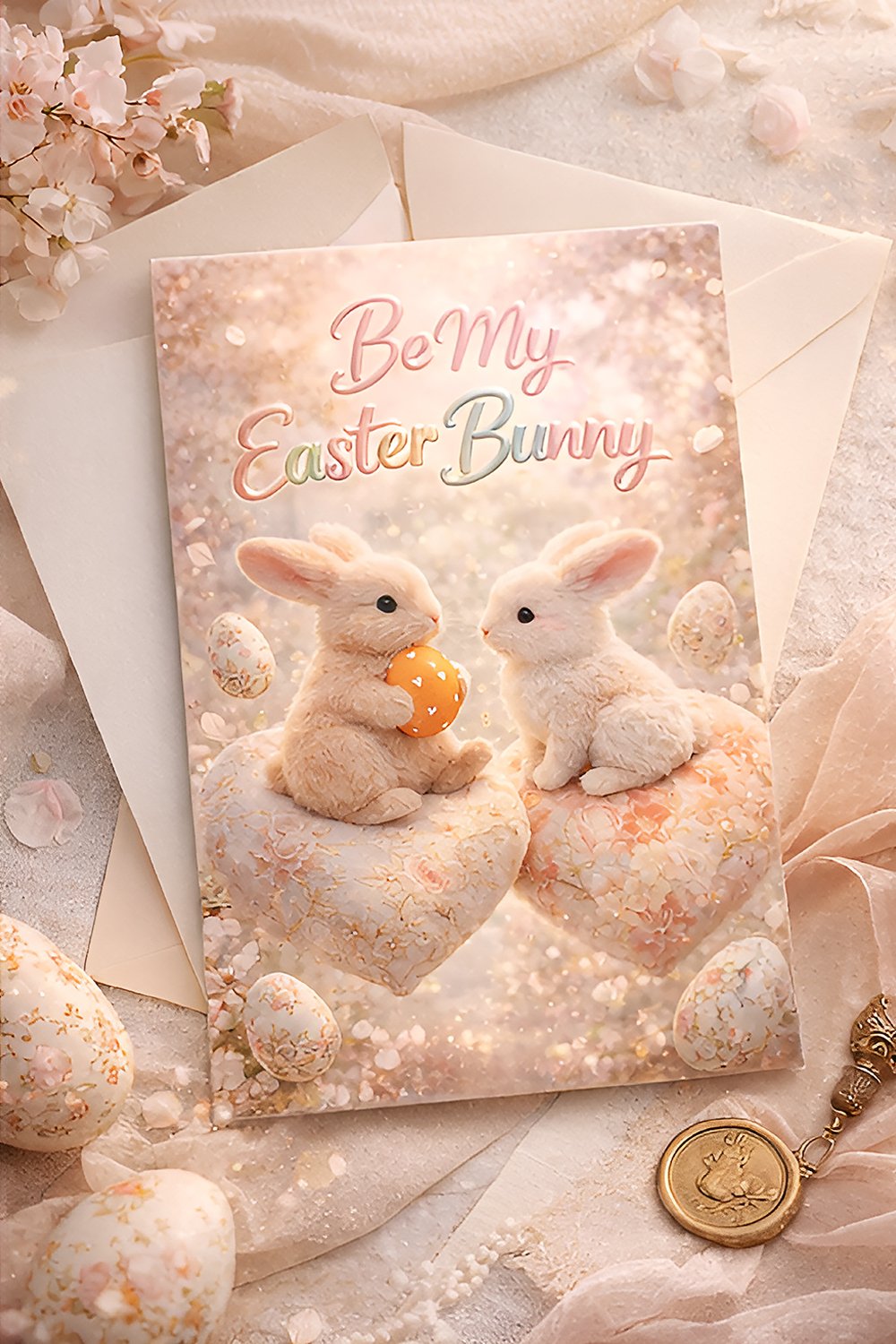 Two cute Easter bunnies sitting on floral heart pillows with pastel Easter eggs and Be My Easter Bunny text.