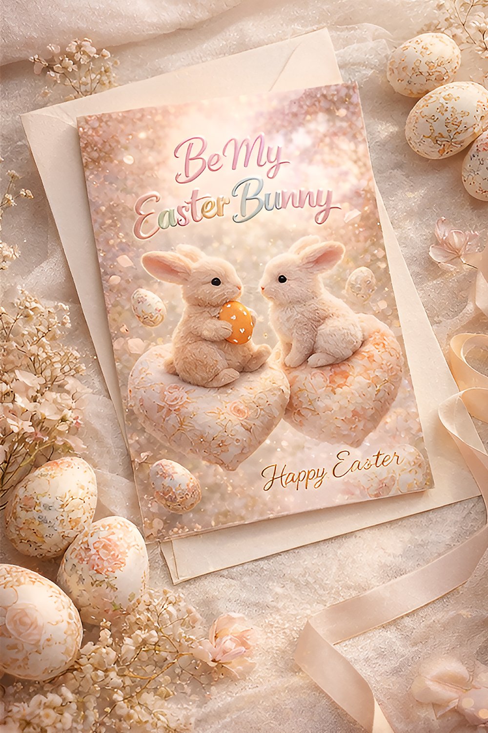Two cute Easter bunnies sitting on floral heart pillows with pastel Easter eggs and Be My Easter Bunny text.