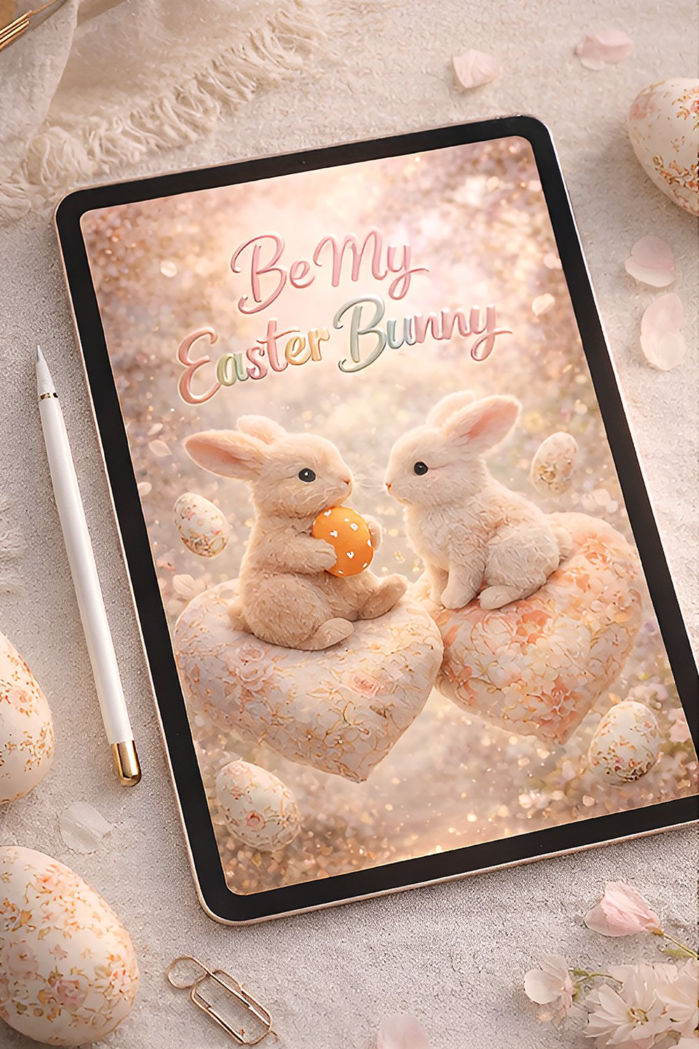 Two cute Easter bunnies sitting on floral heart pillows with pastel Easter eggs and Be My Easter Bunny text.