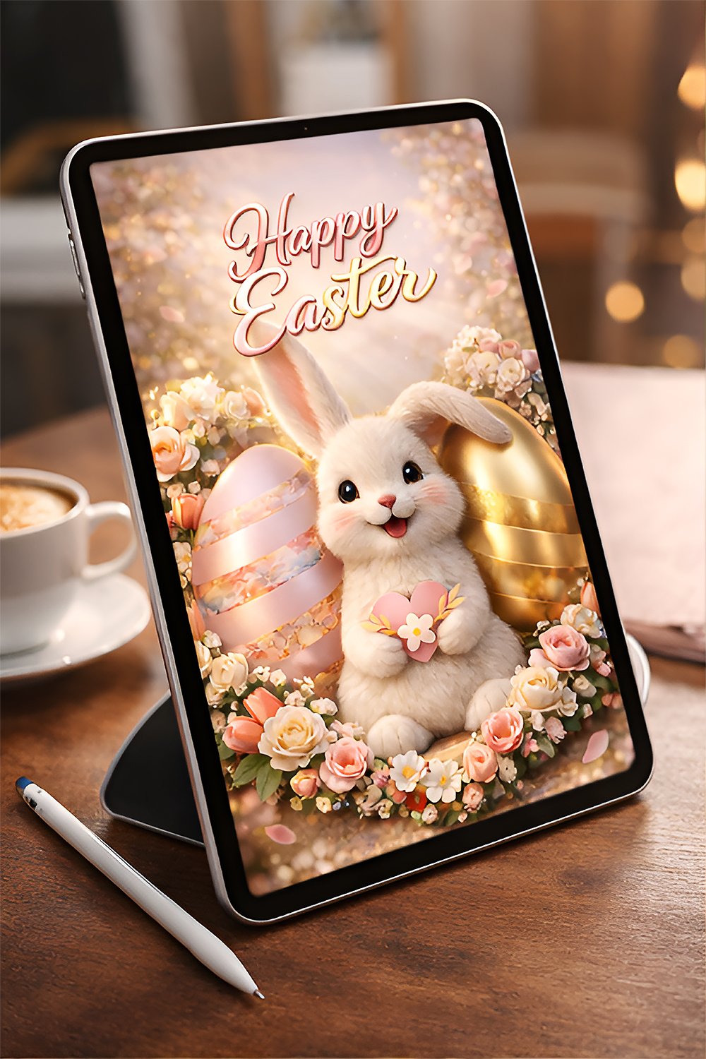 Cute fluffy Easter bunny holding a heart surrounded by pastel Easter eggs and spring flowers.