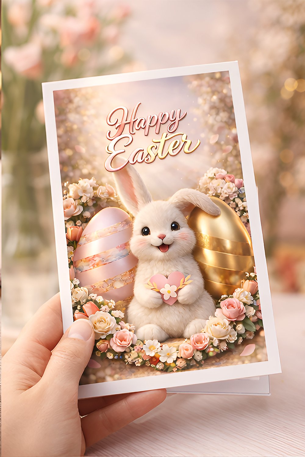 Cute fluffy Easter bunny holding a heart surrounded by pastel Easter eggs and spring flowers.
