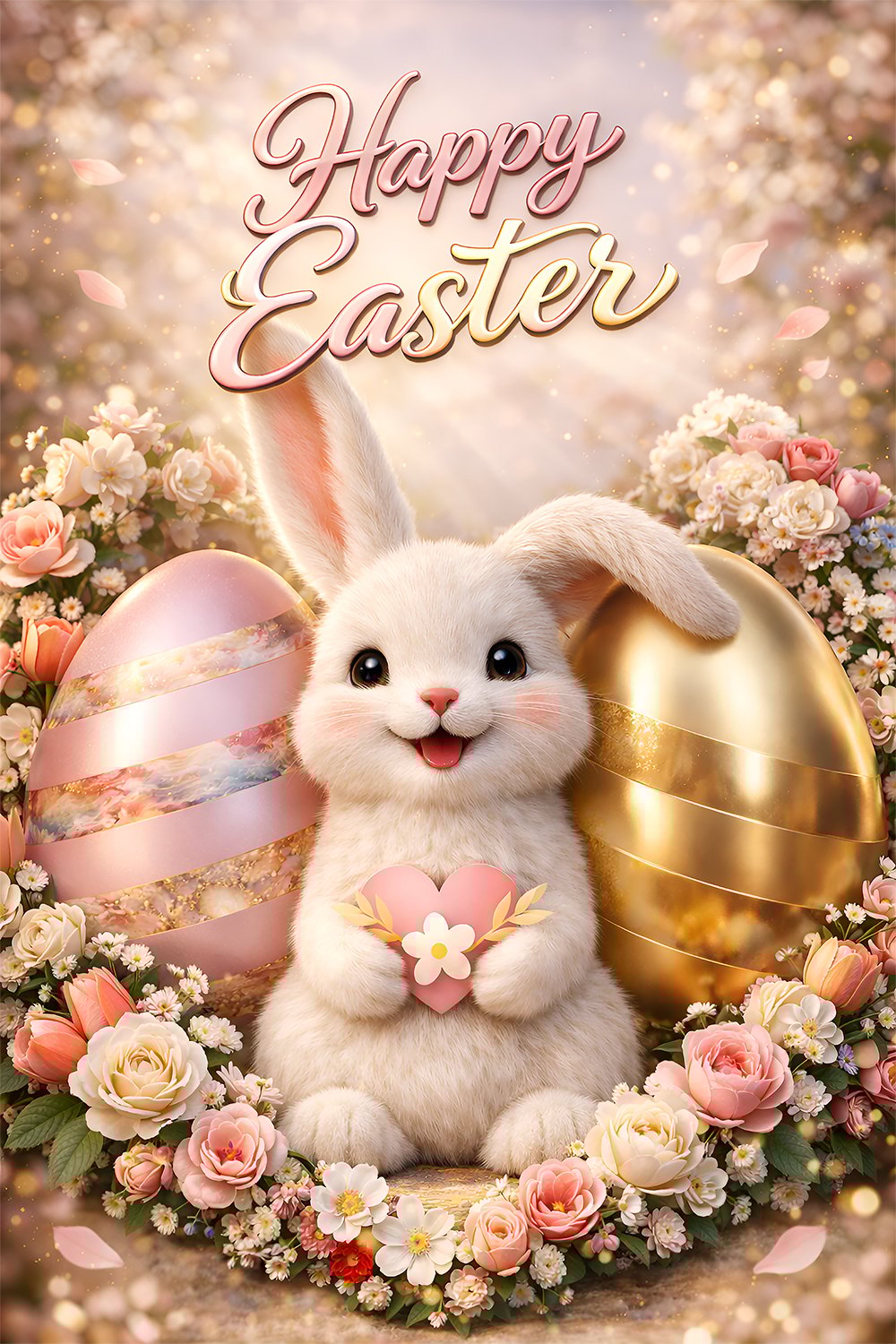 Cute fluffy Easter bunny holding a heart surrounded by pastel Easter eggs and spring flowers.