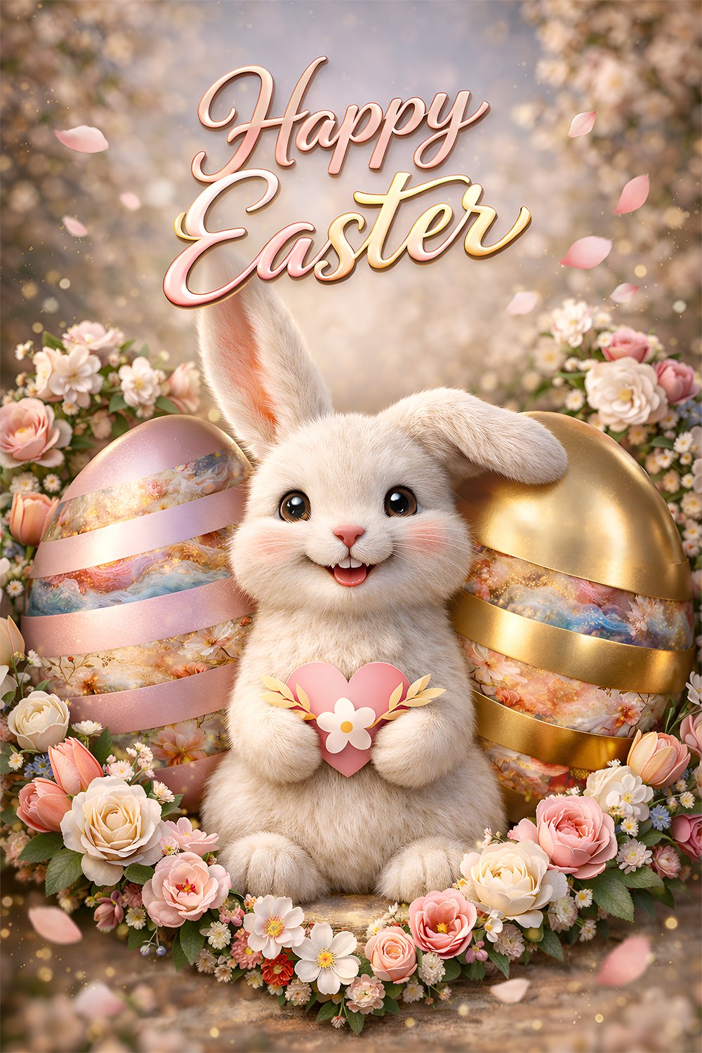 Cute fluffy Easter bunny holding a heart surrounded by pastel Easter eggs and spring flowers.