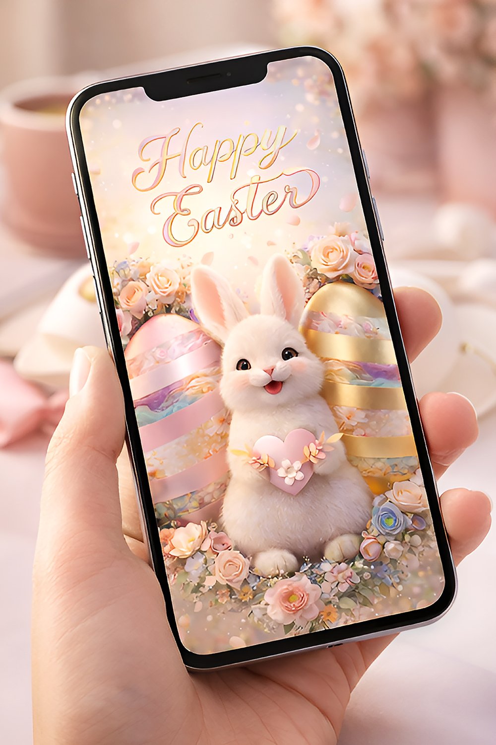 Cute fluffy Easter bunny holding a heart surrounded by pastel Easter eggs and spring flowers.