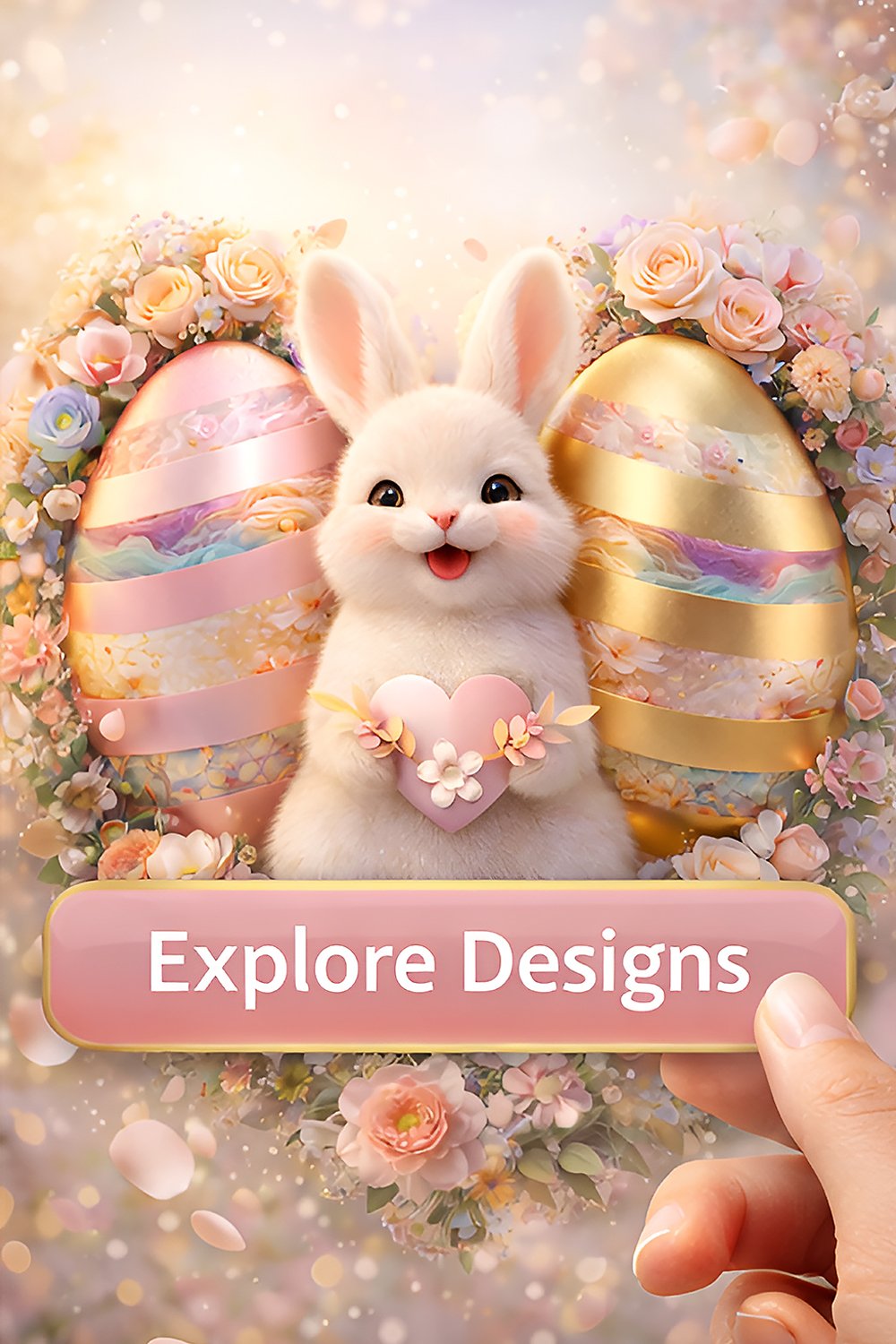 Cute fluffy Easter bunny holding a heart surrounded by pastel Easter eggs and spring flowers.