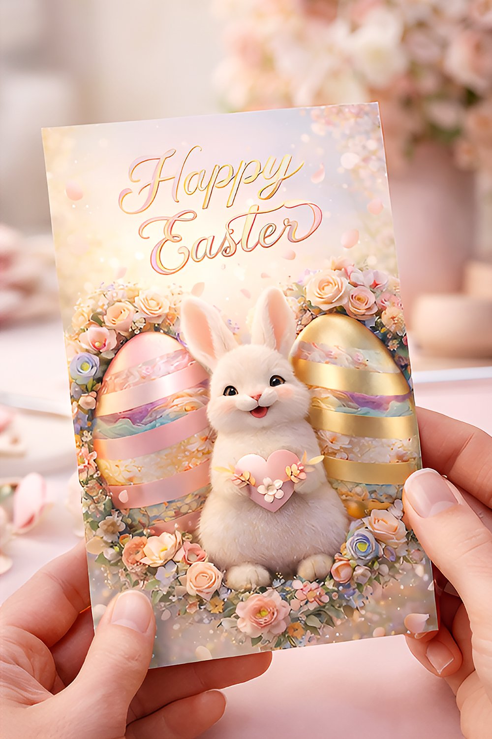 Cute fluffy Easter bunny holding a heart surrounded by pastel Easter eggs and spring flowers.