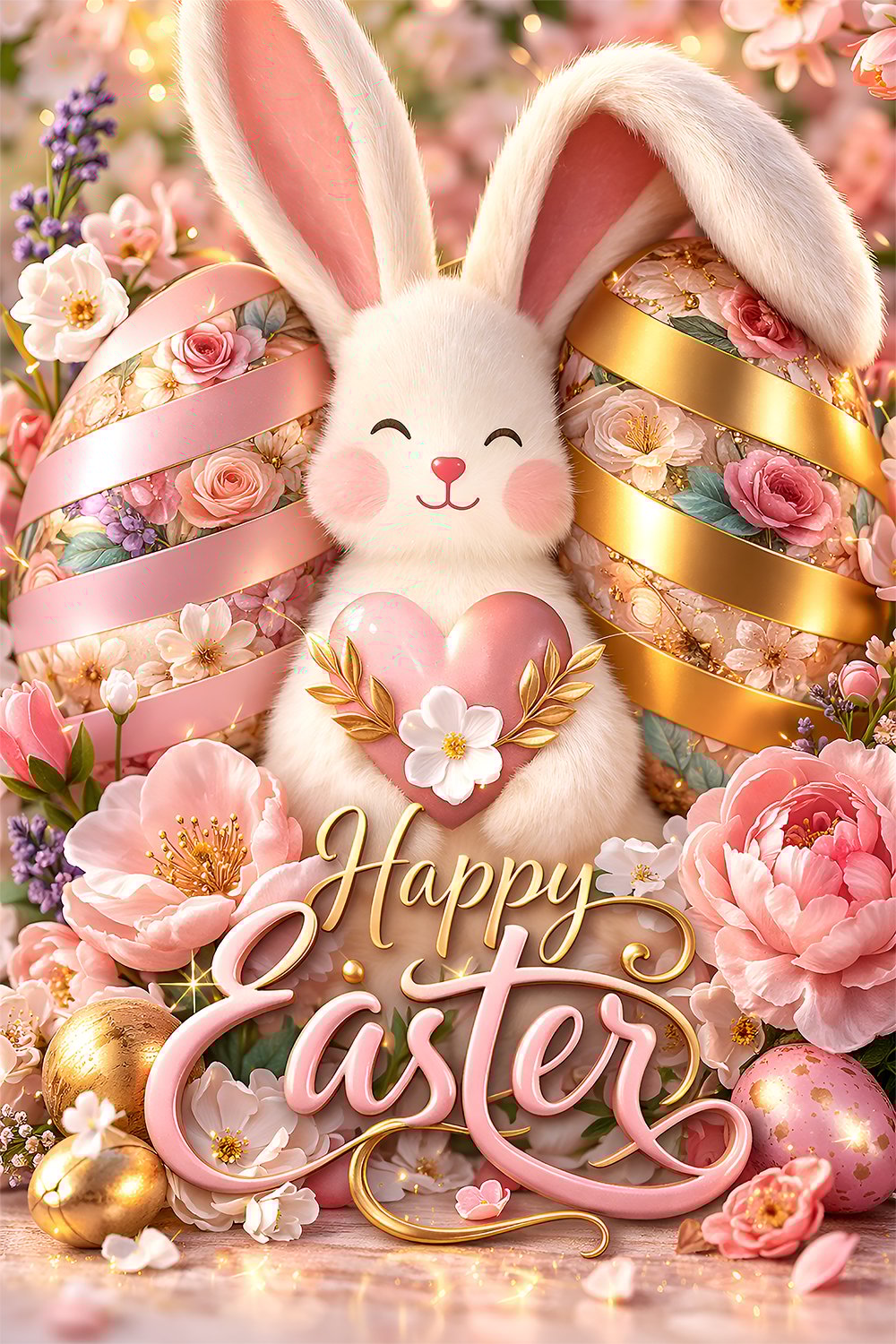 Cute fluffy Easter bunny holding a heart surrounded by pastel Easter eggs and spring flowers.
