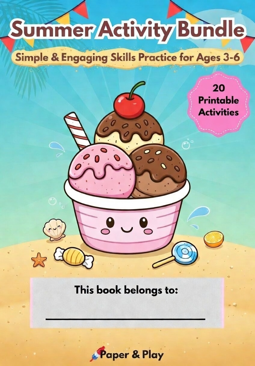 Summer-themed "Count & Match" math worksheet and a "Draw & Connect" activity featuring seasonal items like lemonade, beach balls, and sandcastles.