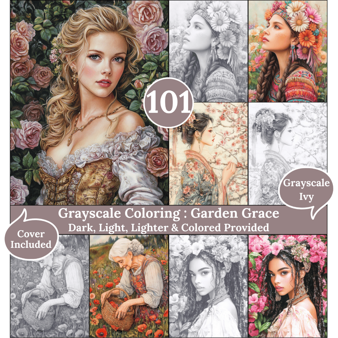 Garden Grace, 101 Coloring Pages, Grayscale Drawings, Dark Light Lighter and Colored Versions,  Digital Art, Victorian Woman in Garden