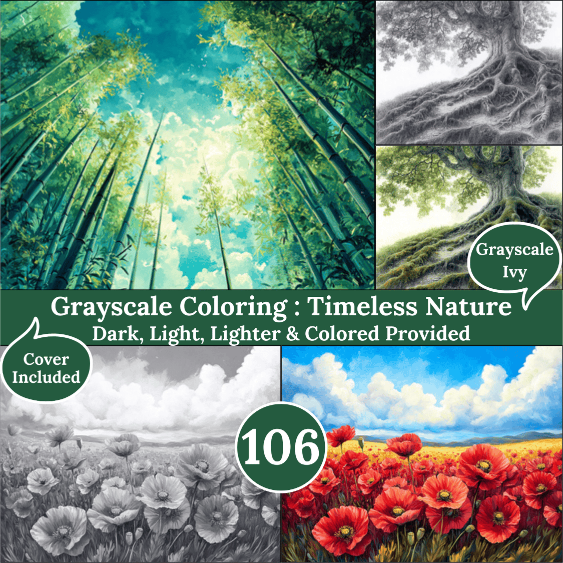 Timeless Nature, 106 Coloring Pages, Grayscale Drawings, Dark Light Lighter and Colored Versions,  Digital Art, Luxurious Nature Landscape