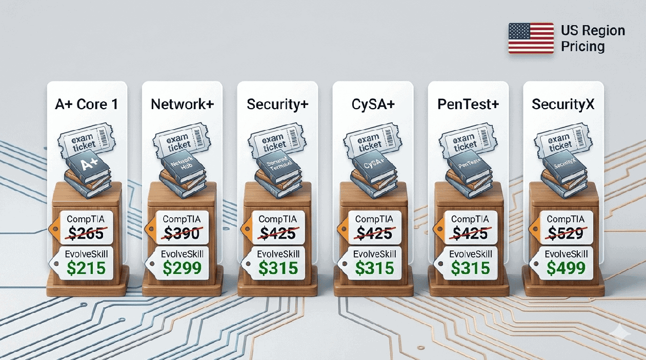 Comparison chart showing standard CompTIA exam prices crossed out versus EvolveSkill discounted voucher prices for A+, Network+, Security+, CySA+, PenTest+, and Security+ certifications with US region notation.