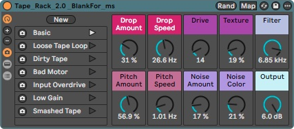 Ableton Live Tape Rack 2.0 cassette emulator tape noise warble pitch modulation overdrive blankfor.ms
