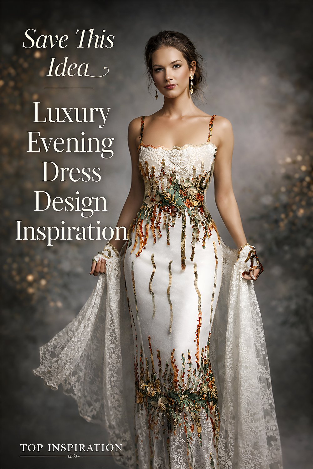 Elegant woman wearing a luxury couture lace gown with floral embroidery and botanical details in a studio fashion portrait with soft neutral lighting.