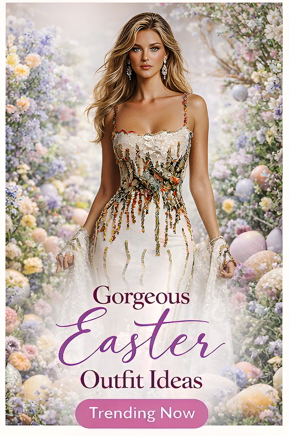 Elegant woman wearing a luxury couture lace gown with floral embroidery and botanical details in a studio fashion portrait with soft neutral lighting.