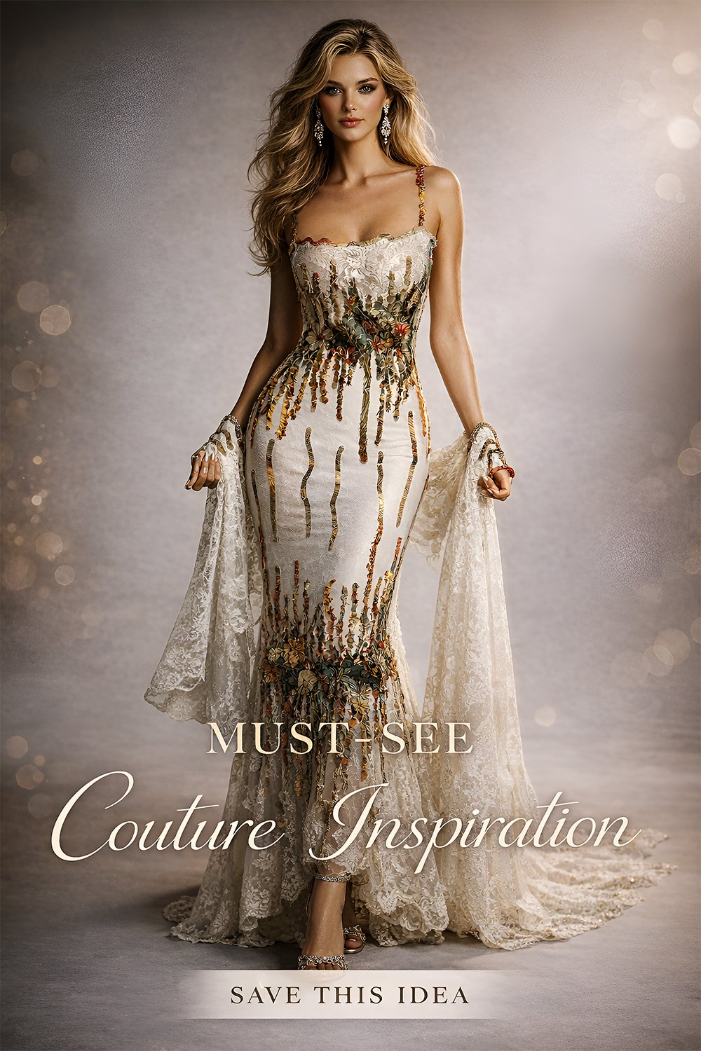 Elegant woman wearing a luxury couture lace gown with floral embroidery and botanical details in a studio fashion portrait with soft neutral lighting.