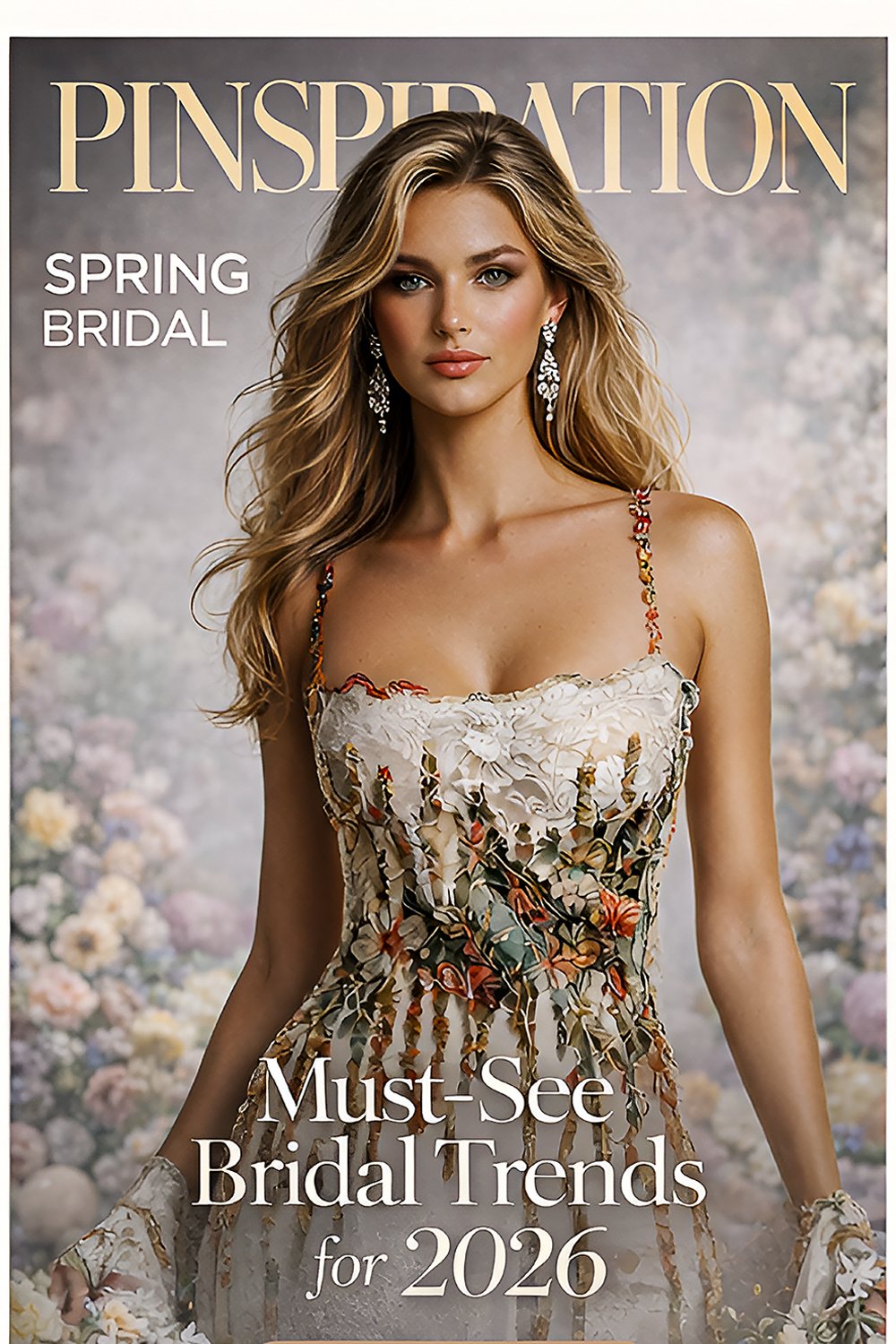 Elegant woman wearing a luxury couture lace gown with floral embroidery and botanical details in a studio fashion portrait with soft neutral lighting.