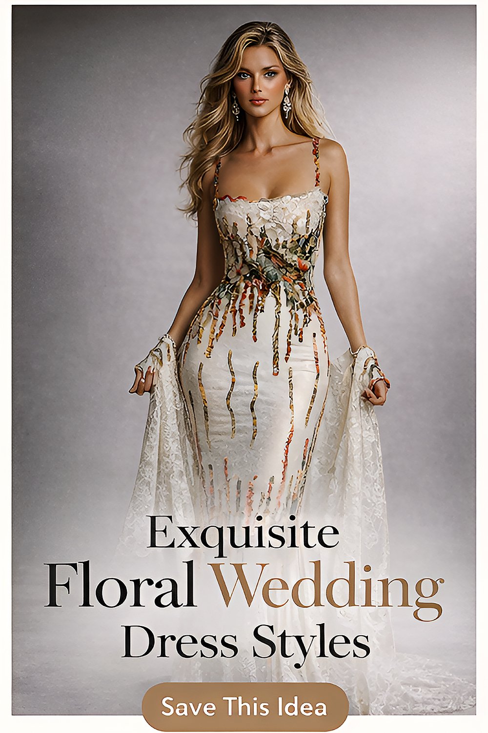 Elegant woman wearing a luxury couture lace gown with floral embroidery and botanical details in a studio fashion portrait with soft neutral lighting.