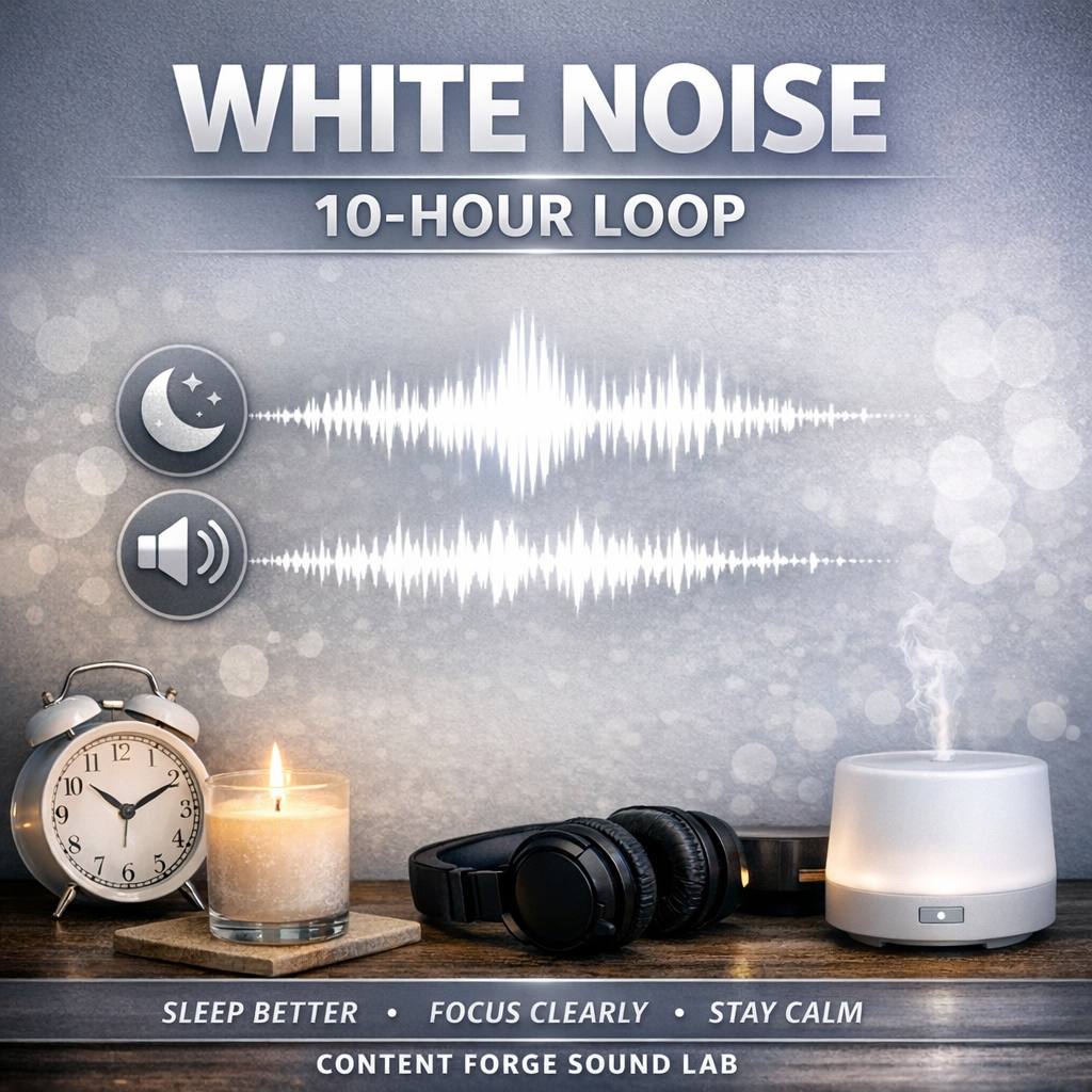 Cover image for ‘White Noise – 10-Hour Loop.’ Glowing white waveform on soft gray background with icons, analog clock, candle, headphones, and sound machine. Calm, minimal design for sleep and focus.
