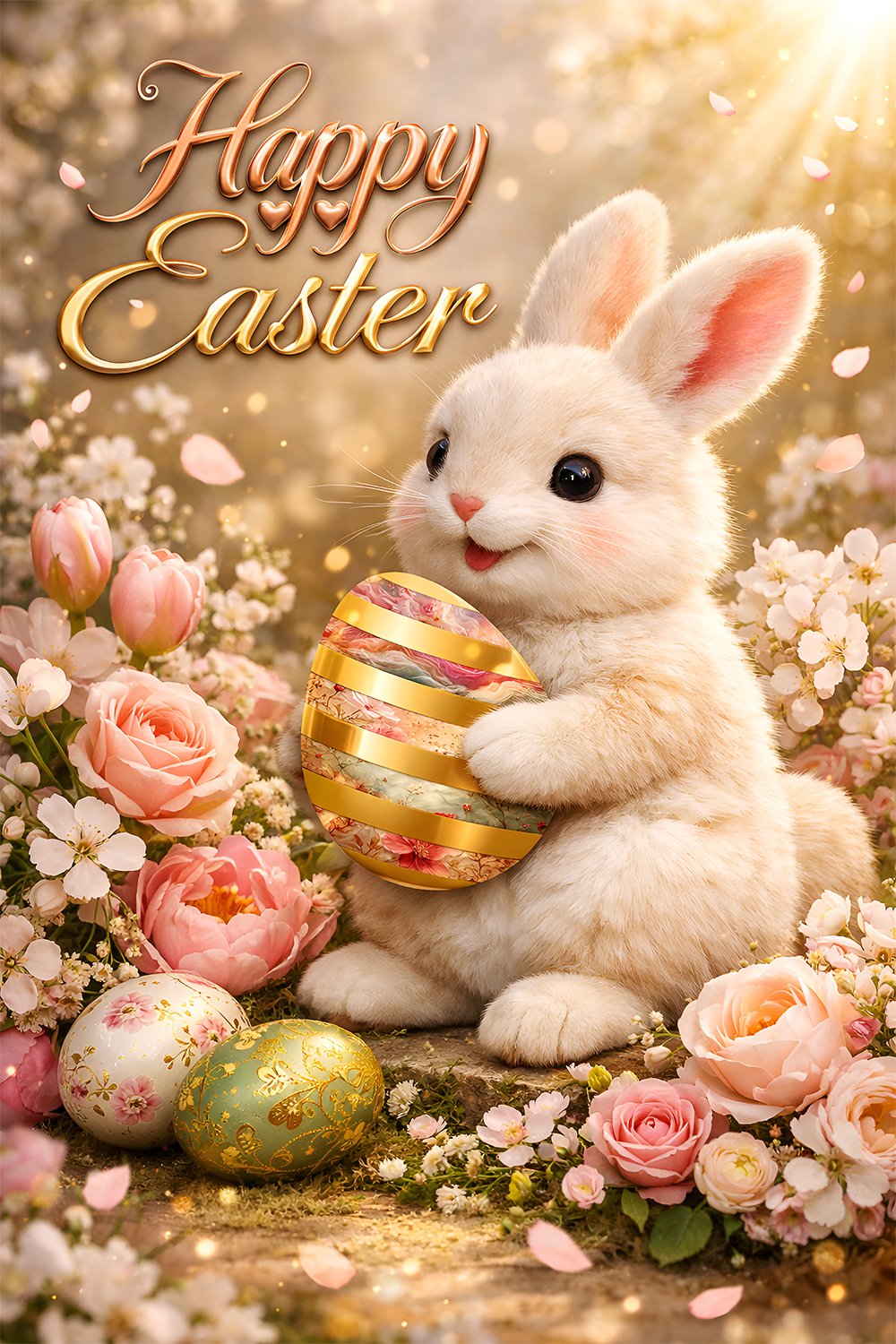 Adorable fluffy Easter bunny holding decorative floral egg surrounded by spring flowers and warm golden sunlight creating a cute pastel Easter scene.