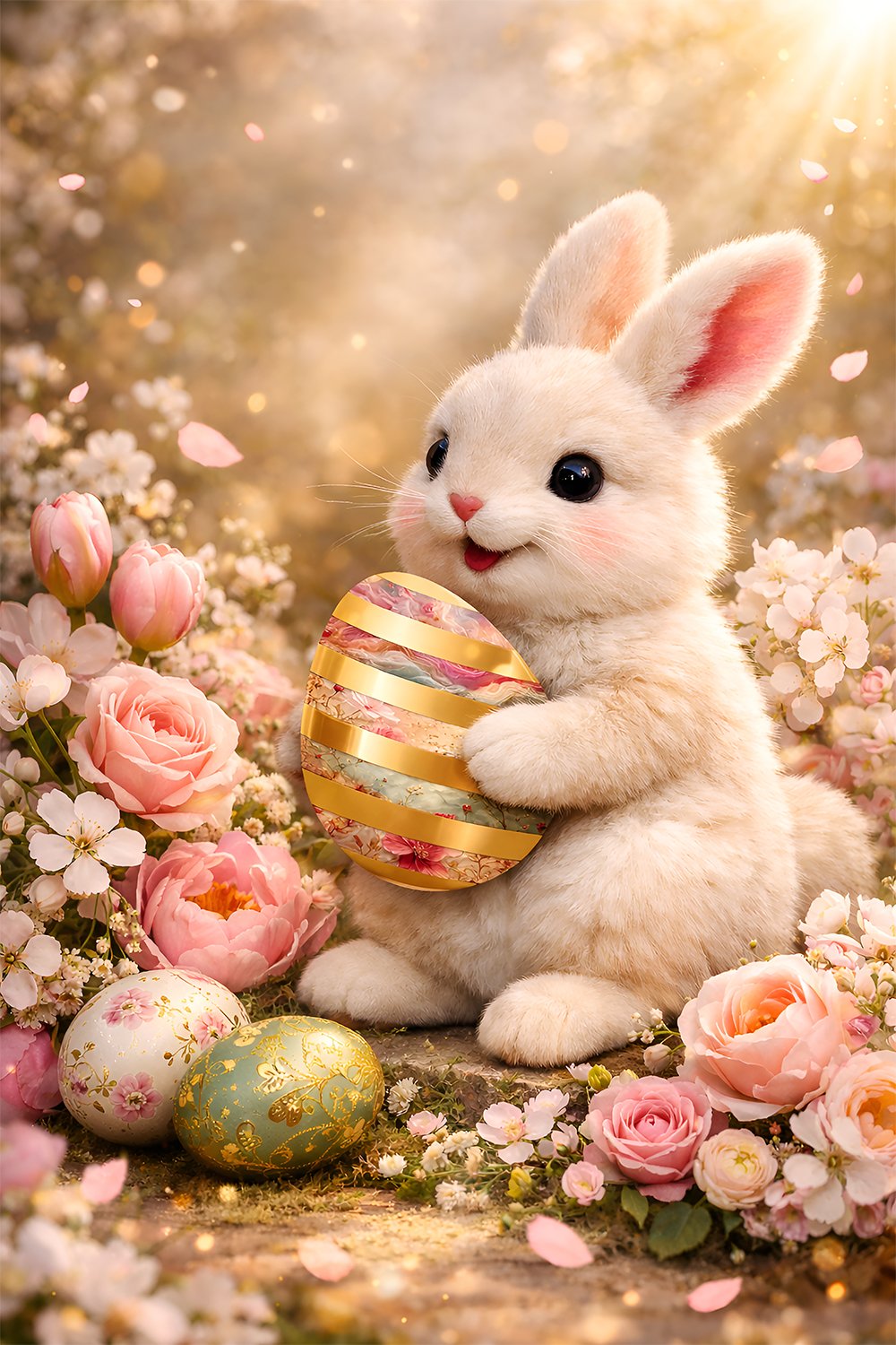 Adorable fluffy Easter bunny holding decorative floral egg surrounded by spring flowers and warm golden sunlight creating a cute pastel Easter scene.